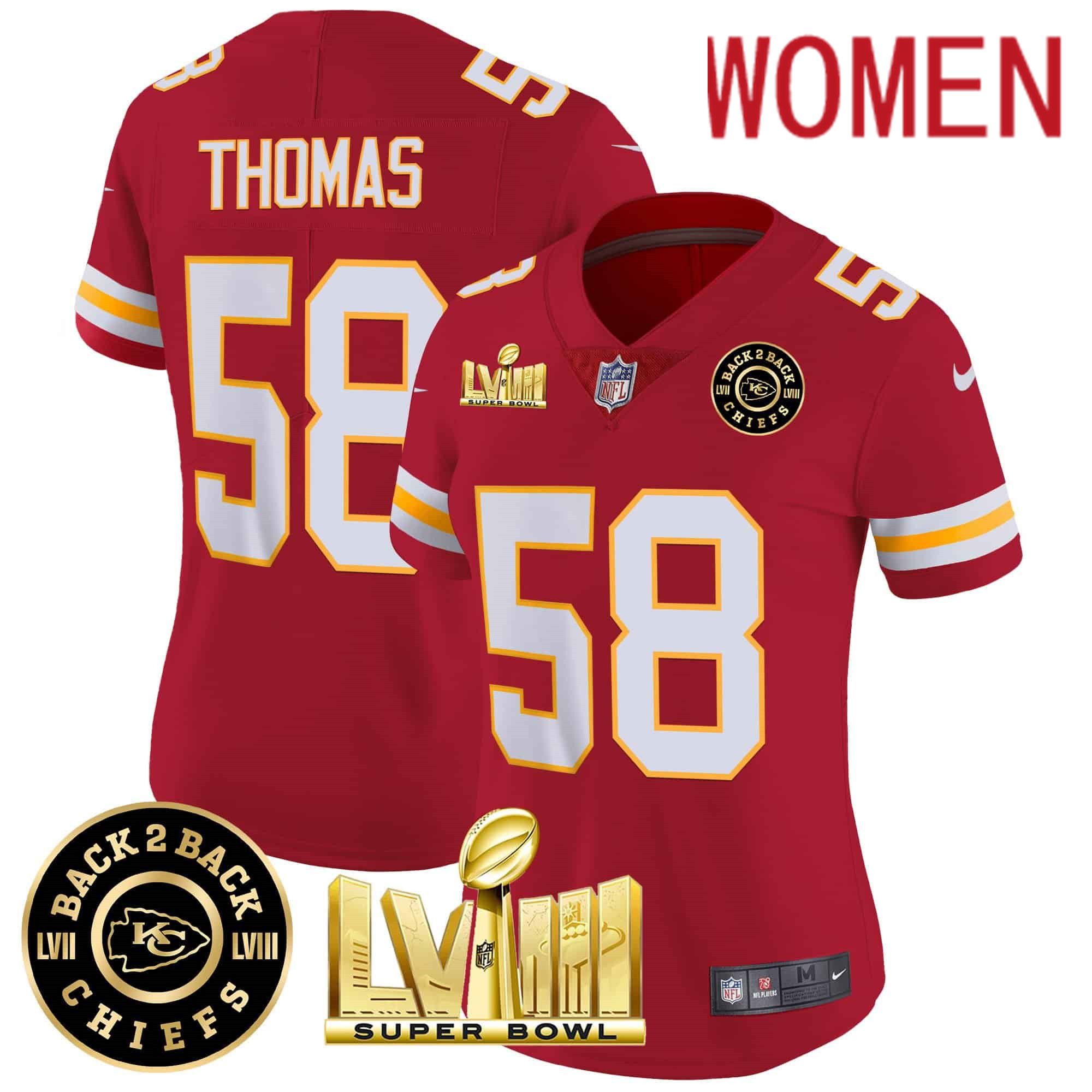 Women Kansas City Chiefs 58 Thomas Red 2024 Nike Super Bowl LVIII & Back 2 Back Patch Vapor NFL Jersey style 3